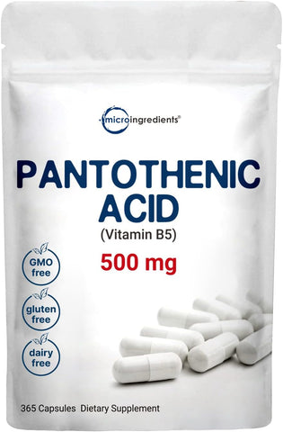 Pantothenic Acid Vitamin B5 500mg, 365 Cápsulas (1 Ano de Fornecimento), Complexo B, Suporte à Produção de Energia e Sistema Nervoso - Micro Ingredients