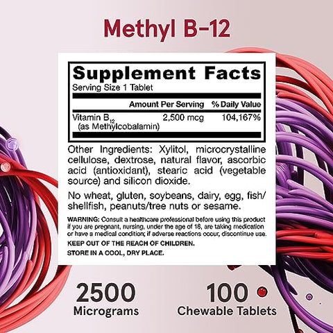 Ultra Strength Methyl B-12 – 100 Tabletes Mastigáveis com Sabor Tropical para Energia Celular – Até 100 Dias de Fornecimento - Jarrow Formulas