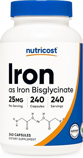 Ferrous Bisglycinate Chelate – 240 Cápsulas (25mg) – Não-OGM – Suplemento de Ferro Bisglicinato – Alta Visibilidade nos Motores de Busca - Nutricost