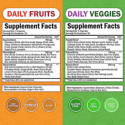 BioSchwartz - Suplemento de Frutas e Vegetais para Mulheres e Homens – 47 Antioxidantes de Alimentos Integrais – Equilíbrio Natural Diversificado de Vitaminas, Minerais e Noni – 90 Cápsulas de Frutas, 90 Cápsulas de Vegetais