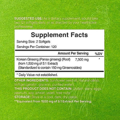 DEAL SUPPLEMENT - Extrato de Raiz de Ginseng Vermelho Coreano Panax, 7.500mg por Porção, 240 Softgels – 150mg de Ginsenosídeos Ativos