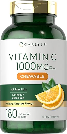 Vitamina C Mastigável | 1000mg | 180 Comprimidos Mastigáveis | Vegetariano, Não-OGM, Suplemento Livre de Glúten - Carlyle