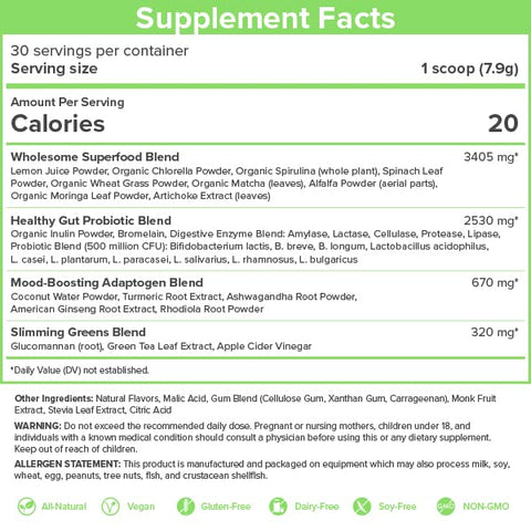 Skinny Greens: Pó Superfood de Suco Verde, Sabor Maçã Verde, Energia Natural – 100g - SkinnyFit