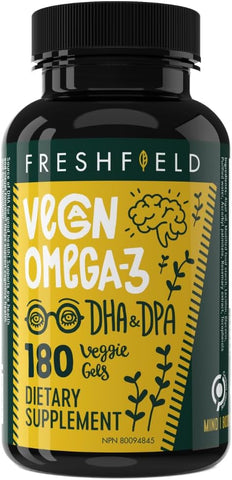 Freshfield Naturals - Freshfield Vegan Omega 3 DHA: Fonte Sustentável, Testado, GMP, Premium, Livre de Carragenina, Frasco Compostável, Substituto de Óleo de Peixe, Neutro em Carbono. Suporta Coração, Cérebro, Articulações