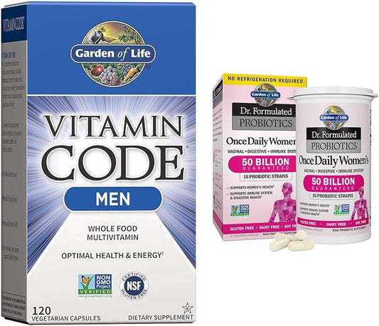 Vitamin Code Multivitamínico para Homens 120 Cápsulas + Probióticos Dr. Formulated para Mulheres 50 Bilhões 30 Cápsulas – Pacote Promocional - Garden of Life