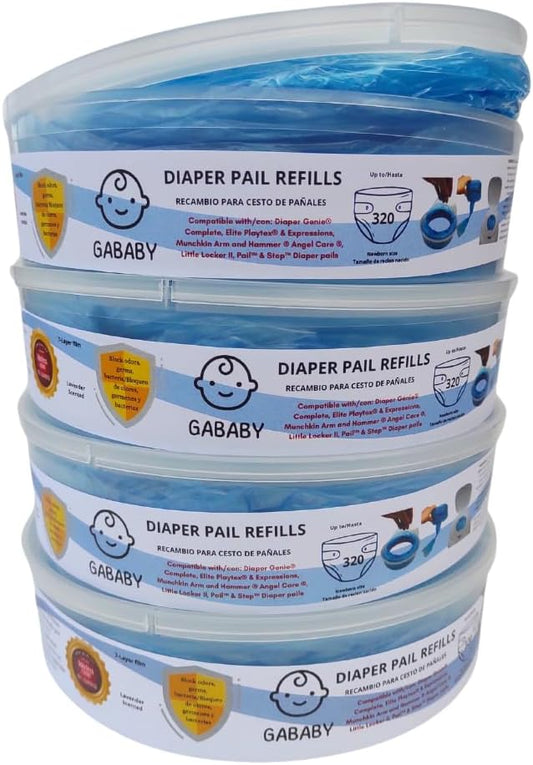 GABABY - Refil para Lixeira de Fraldas com Fragrância de Lavanda Compatível com Diaper Genie e Munchkin Pails (Pacote com 4) 1280 Unidades Anéis Absorventes de Odor para Fraldas de Recém-Nascidos Descarte de Sacos Redondos