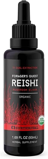 Extrato Orgânico de Cogumelo Reishi, Busca do Forrageiro, 50 Porções, Elixir, “Cogumelo da Imortalidade”, Potente Extração Dupla 1:1, Embalado em Vidro Miron, 50mL - Surthrival