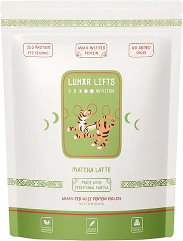 Lunar Lifts Nutrition - Matcha Latte – Pó de Proteína de Chá Matcha com Bolhas | 26g de Proteína Isolada de Soro de Leite em Pó Matcha | Pó de Chá Matcha Grau Cerimonial para Bubble Tea | Sem Açúcar Adicionado