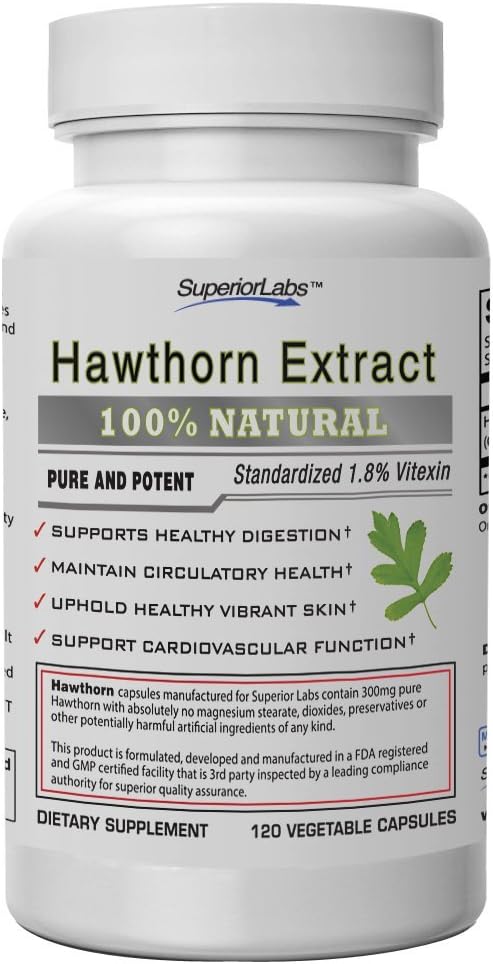 Melhor Suplemento de Vitamina de Espinheiro Branco Não Transgênico, Não Sintético – Dosagem de 300 mg, 120 Cápsulas Vegetais – Poderoso Antioxidante – Digestão Saudável – Circulação - Superior Labs