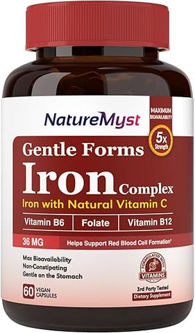 NatureMyst - Suplemento Gentle Iron para Mulheres e Homens com Vitamina C, Folate, B6