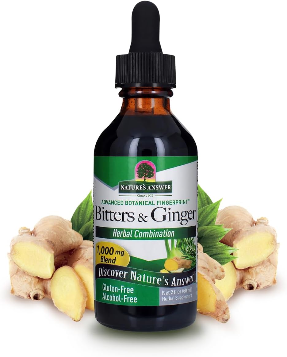 Nature's Answer - Nature’s Answer Bitters and Ginger 60ml – Sem Álcool, Sem Glúten, Suporte Digestivo – Swedish Bitters, Digestive Bitters, Extrato de Gengibre para Suporte Estomacal – Adequado para