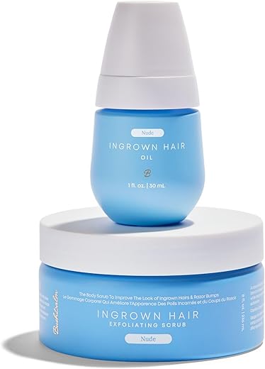 Rotina de 2 Passos Bushbalm para Pelos Encravados e Irritações de Lâmina – Hidratação e Calmante – Óleo Nude para Pelos Encravados (30 ml), Esfoliante Nude (236 ml) – Nude
