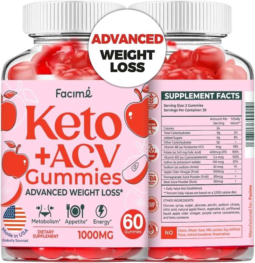 Facime - Keto Acv Gummies – Perda de Peso Avançada com Vinagre de Maçã – 1000MG com Romã, Beterraba em Pó, B12, Vegano Não GMO, Fabricado nos EUA, 60 Gummies