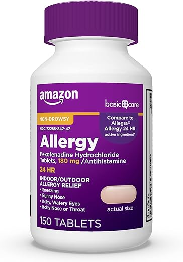 Alívio de Alergia o Dia Todo, Comprimidos de Cloridrato de Fexofenadina 180 mg, Antialérgico, Não Causa Sonolência, Alívio de 24 Horas, 150 Unidades - Amazon Basic Care