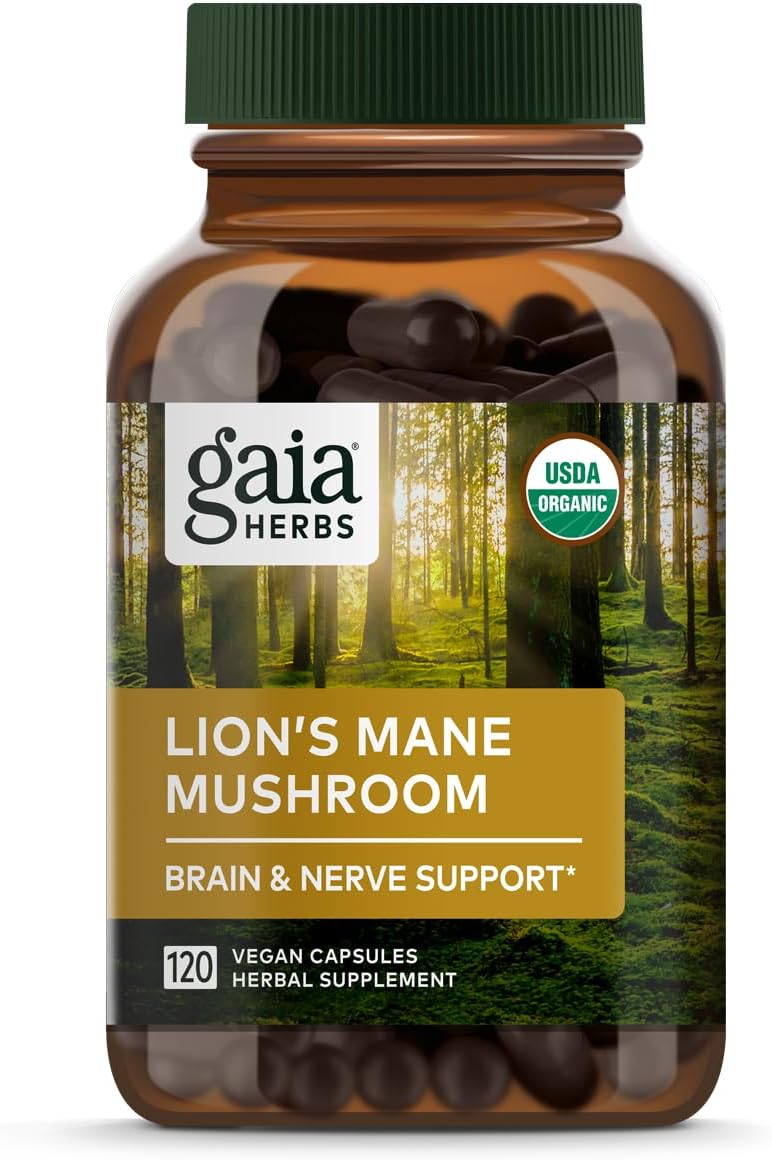 Suplemento de Suporte Cerebral e Nervoso com Cogumelo do Leão Orgânico – 120 ml Vegan Líquido - Gaia Herbs