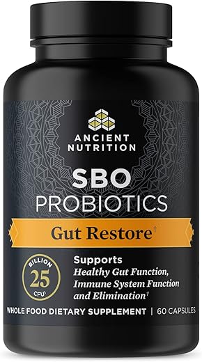 Probióticos Ancient Nutrition, SBO Probiotics Gut Restore 60 Ct, Promove Saúde Intestinal, Suporte Digestivo e Imunológico, Livre de Glúten, Mistura de Superfoods Antigos, 25 Bilhões de UFCs* Por
