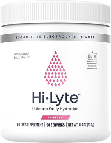 Adapted Nutrition - Hi-Lyte Pó de Eletrólitos de Framboesa, Bebida Hidratante Diária em Pó, 90 Porções | Sem Açúcar, 0 Calorias, 0 Carboidratos | Sem Maltodextrina. Livre de Glúten | Suporte para Keto | Leve