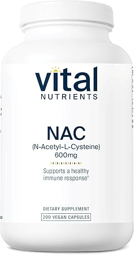 NAC 600mg | N-Acetilcisteína | Suplemento Vegano de NAC | Antioxidante para Saúde Sinusal, Hepática, Imunológica e Respiratória | Livre de Glúten, Laticínios e Soja | 200 Cápsulas - Vital Nutrients