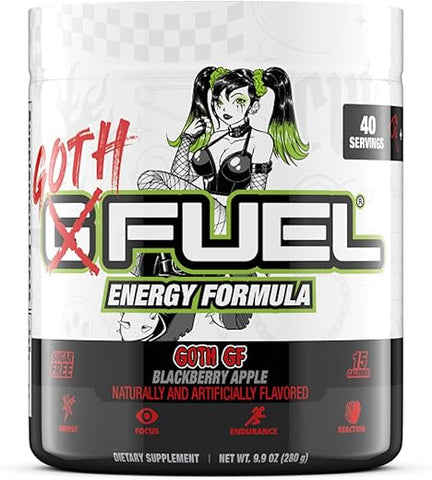 Goth GF Pó Energético, Sem Açúcar, Suplemento de Foco com Cafeína Limpa, Mistura para Água, Sabor de BlackBerry Apple, Aminoácidos de Foco, Mistura de Vitaminas Antioxidantes, 280g, 40 Porções - G Fuel