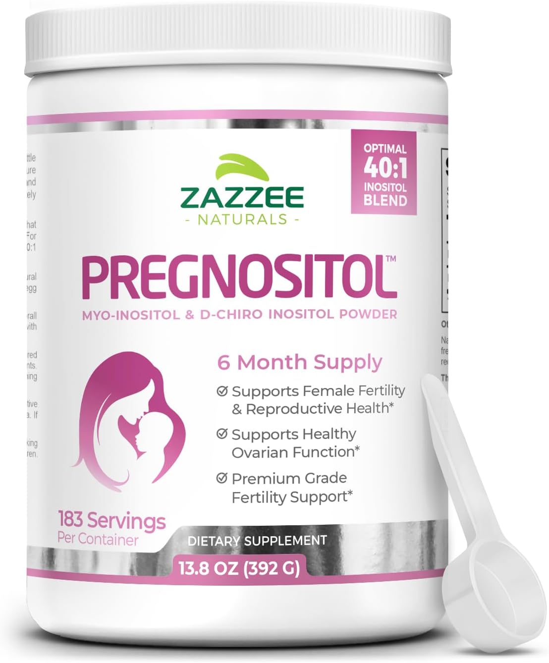 PREGNOSITOL em Pó, Suprimento de 6 Meses, Blend de Fertilidade Myo-Inositol e D-Chiro-Inositol 40:1, Dosagem Exata com Colher Grátis, Fórmula Premium Balanceada, 183 Porções, Vegano - Zazzee