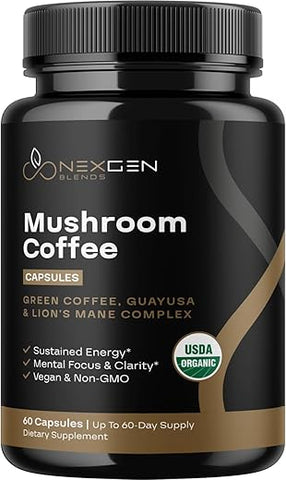 NEXGEN BLENDS - Café Alternativo 100% Orgânico de Cogumelo – Suplemento de Cogumelo do Leão Orgânico com Guayusa Patenteada