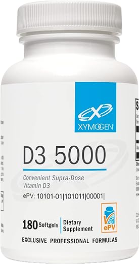 D3 5000 – Vitamina D3 5000 UI (125 mcg) – Suplemento de Alta Potência para Apoiar a Saúde Imunológica, Óssea e Cardíaca (180 Softgels) - XYMOGEN