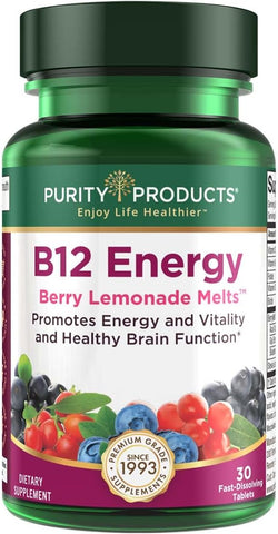 Melt de Limonada de Frutas Vermelhas com B-12 Energy – Vitamina B12 Methylcobalamin, B6, D3, Ácido Fólico e Biotina – Alta Absorção – 30 Tabletes Derretíveis - Purity Products