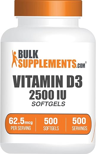 com Softgels de Vitamina D3 2500UI – Cholecalciferol, Suplemento de Vitamina D3, 2500UI de Vitamina D – 1 Softgel de Vitamina D3 (62.5mcg de Vitamina D) por Porção, 500 Unidades (Pacote de 1) - BulkSupplements