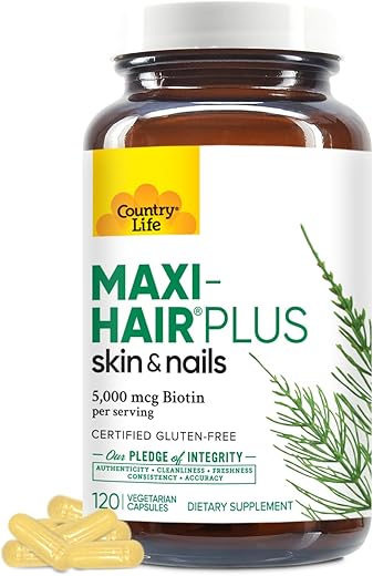 Maxi-Hair Plus Biotin – Suporte para Cabelos, Pele e Unhas Saudáveis – Suplemento Diário – 120 ct - Country Life