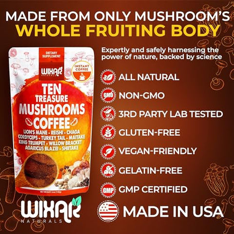 WIXAR NATURALS - Café de Cogumelo Wixar – Pó Instantâneo de Café com Extrato de Dez Tesouros de Cogumelos com Leão da Montanha, Cauda de Peru, Reishi, Chaga, Shiitake, Maitake, Cordyceps – 140g