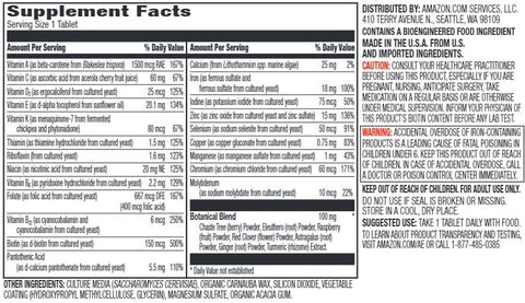 Multivitamínico Diário para Mulheres, 59%% Cultivado com Alimentos Integrais, Vegano, 65 Comprimidos, Suprimento de 2 meses (Embalagem pode variar) - Amazon Elements