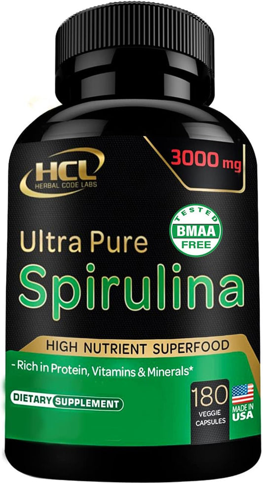 HCL HERBAL CODE LABS - Cápsulas de Spirulina Orgânica em Pó 3000 mg – Alga Azul Verde Pura Não Irradiada – Melhor Proteína Vegana Crua – Superfood Verde – Multivitaminas Naturais – 180 Comprimidos Feitos nos EUA