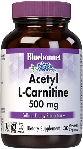 Nutrition Acetyl L-Carnitine – Transporta Ácidos Graxos, Aumenta Energia Celular – Soja – 60 cápsulas - Bluebonnet