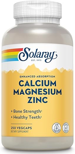 Cálcio Magnésio Zinco – 1000mg Cálcio, 500mg Magnésio – Saúde Óssea, Função Muscular, Saúde Cardíaca e Suporte Imunológico – Vegano, Garantia de 60 Dias, 62g - SOLARAY