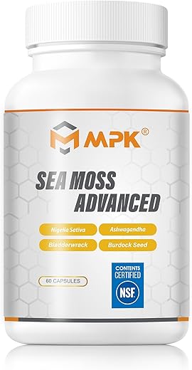 3000 mg Sea Moss Avançado – Irish Sea Moss, Ashwagandha, Bladderwrack, Óleo de Semente de Black Seed, Gengibre, Raiz de Bardana (60 cápsulas) - MPK