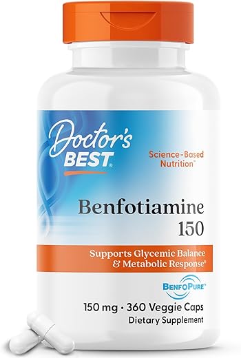 Doctor's BEST - Doctor’s Best Benfotiamine 150 com BenfoPure – Ajuda a Manter o Metabolismo da Glicose, Não-OGM, Vegano, Livre de Glúten e Soja, 150 mg, 360 Cápsulas Vegetais