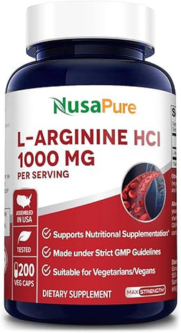 L-Arginina 1000 mg 200 Cápsulas Vegetarianas (Sem OGM, Sem Glúten) - NusaPure