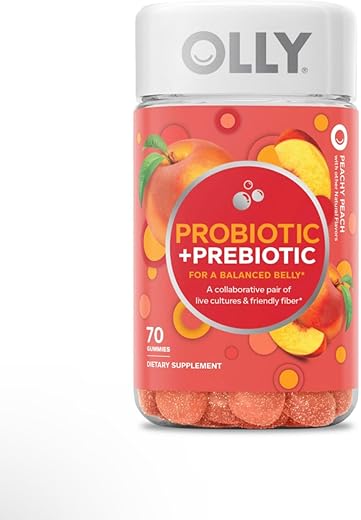 Gummy Probiótico Prebiótico, Suporte Digestivo e Saúde Intestinal, 500 Milhões de UFCs, Fibra, Suplemento Mastigável para Adultos, Sabor Pêssego, 70ct - OLLY