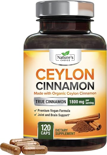 Nature's Choice - Cápsulas de Canela Ceylon Orgânica 1800mg – Suplemento Puro de Canela Certificada Orgânica, Livre de Transgênicos, Pó de Canela Sem Glúten, Comprimidos Antioxidantes de Canela, 120 Unidades