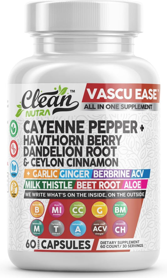 Clean Nutraceuticals - Suplemento de Pimenta Caiena com Cápsulas de Espinheiro, Raiz de Dente-de-Leão, Canela do Ceilão, Alho, Gengibre, Berberina, Vinagre de Maçã, Cardo Mariano, Beterraba, Comprimidos de Aloe Vera – Marca em Destaque