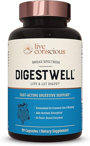 DigestWell – Suporte Digestivo Imediato | Enzima de Amplo Espectro, Probiótico | Marca Live Conscious - Live Conscious