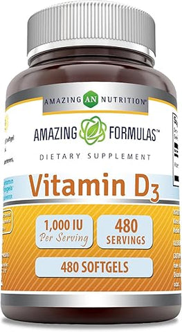Amazing Nutrition - Amazing Formulas Vitamina D3 (Colecalciferol) | 1000 UI | 480 Softgels | Não-OGM | Sem Glúten | Fabricado nos EUA