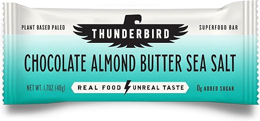 Thunderbird Energetica - Thunderbird Bars – Snack Energético, Sem Glúten com Proteína, Alimento Real Saudável, Vegano Paleo Não-OGM, Sem Açúcar Adicionado, Sabor Manteiga de Amêndoa com Chocolate e Sal Marinho (6 Unidades, 48g cada)