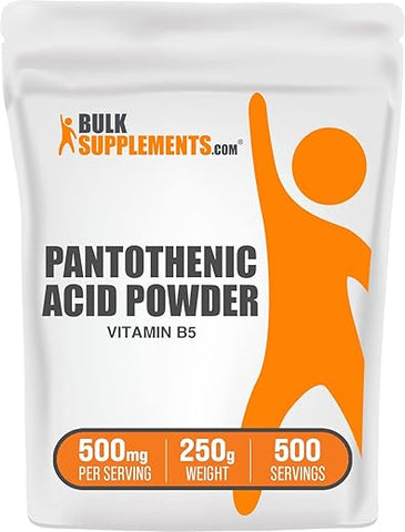 com Pó de Vitamina B5 – Cálcio Pantotenato, Vitaminas B5 – Sem Glúten, 500mg de Ácido Pantotênico por Porção, 250g (Pack de 1) - BulkSupplements