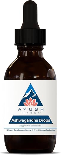 Ashwagandha Drops – Suporte Cognitivo, Adrenal e Imunológico, Herbal Ayurvédico Livre de Álcool, 60ml - Ayush Herbs