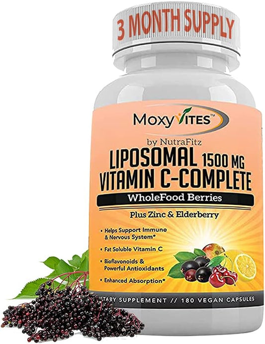MoxyVites - Liposomal Vitamin C with Zinc Capsules – Vit C Organic Elderberry, Amla, Camu Camu – Alta Absorção de Vitamina C, Anti Aging, Suporte Imunológico, 1500mg/Porção 3 Meses de Fornecimento Sem Glúten