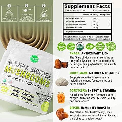 Maju Superfoods - MAJU’s Extrato de Pó de Cogumelo Mental, Forte Leão da Montanha, Chaga, Reishi, Cordyceps, Corpos Frutíferos para Café, Impulsionador do Sistema Imunológico, Suplemento Cerebral Nootrópico, Memória, 100g