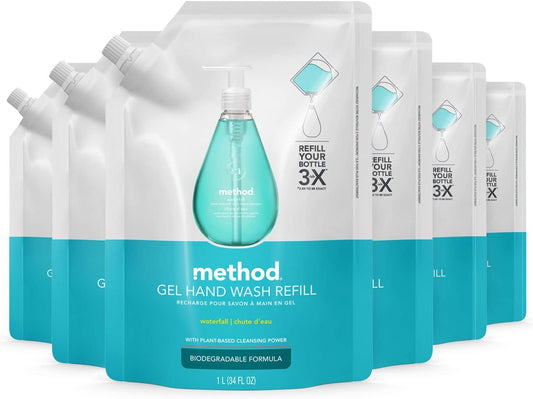 Recarga de Sabonete Líquido Method Gel, Queda d’Água, Fórmula Biodegradável, 1000 ml (Pack com 6 unidades)