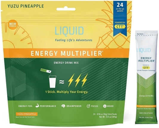 LONG GLACIER - Hidratante Líquido Multiplus Energético Sabor Yuzu Abacaxi 24 Unidades | Sachês de Pó Hidratante | Mistura de Bebida Eletrolítica | Embalagem Individual Fácil de Abrir | Não-OGM |