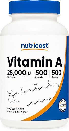 Vitamina A 25000 UI, 500 Softgels, Sem OGM, Livre de Glúten – Compre Agora! - Nutricost